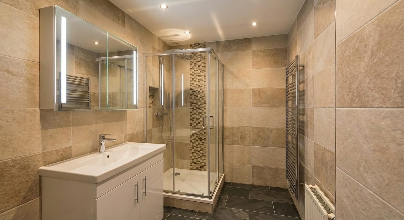 De beige badkamer, huidige staat