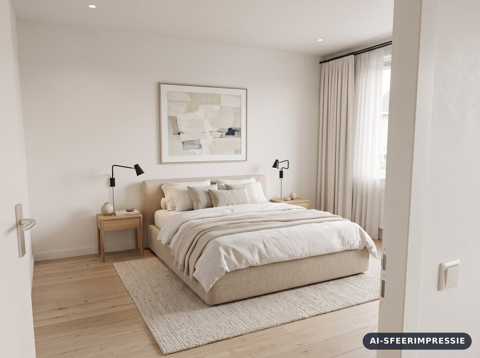 Dezelfde slaapkamer als moderne impressie met AI-vermelding